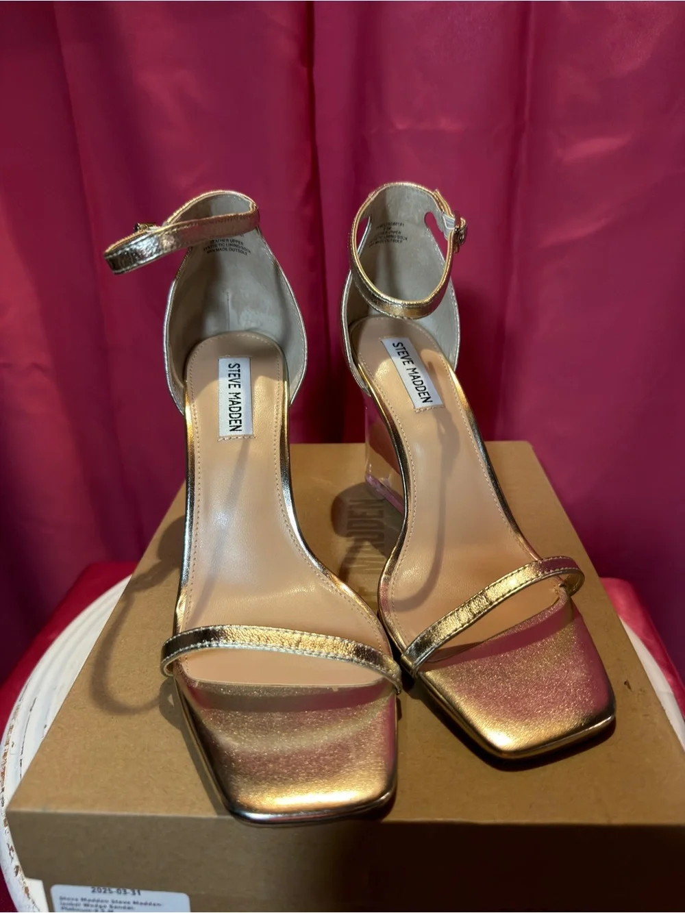 Steve Madden Gold Metallic Ankle-Strap Clear Block Heel Sandals